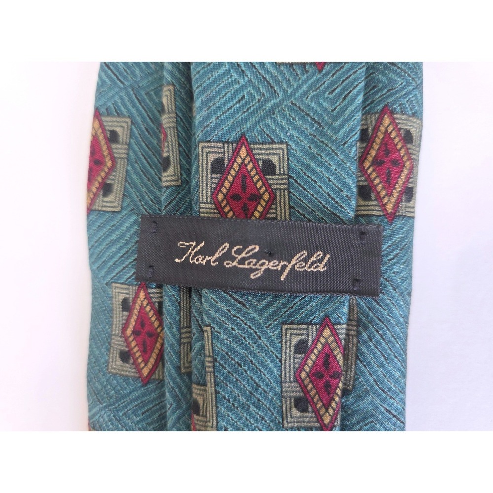 VTG Karl Lagerfeld Silk Tie Teal Blue Burgundy Geometric Diamond Pattern 3.75" - Picture 4 of 5